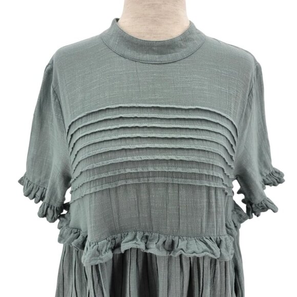 Free People Womens XS Dress Mini Baby Doll Sage Green Pleated Relaxed Fit Boho C - Picture 2 of 11